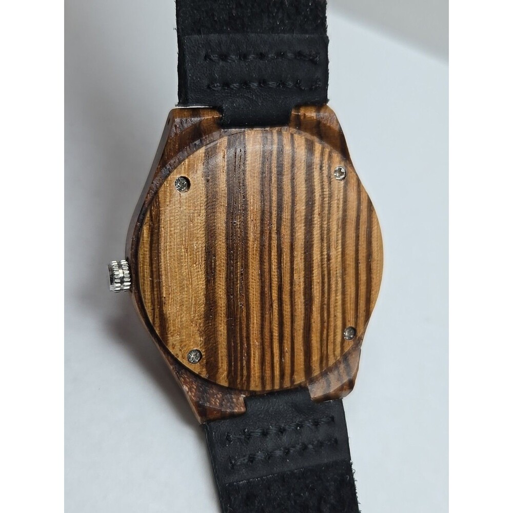 Wild Wooden Quartz Watch Zebrawood Dial Leather Strap Minimalist New Battery - Picture 10 of 10